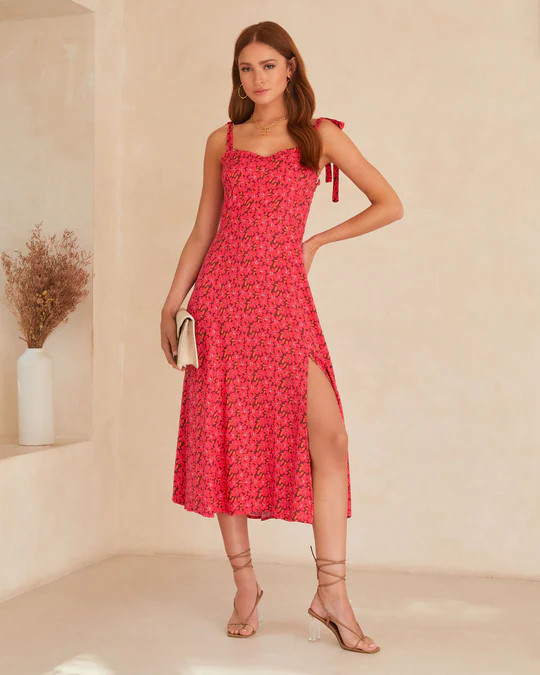 Riko Floral Shoulder Tie Midi Dress | VICI