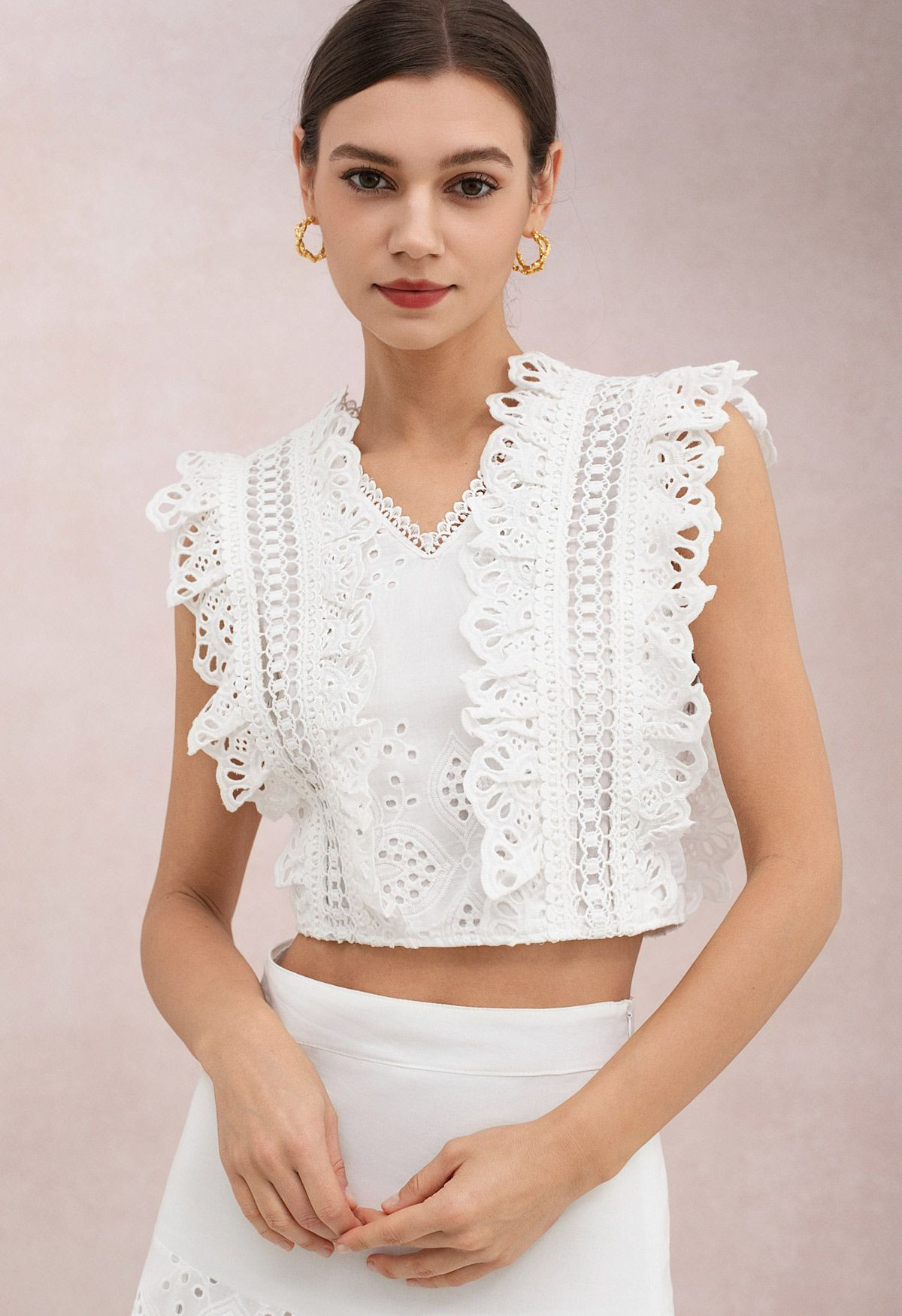 Eyelet Embroidery Ruffle Sleeveless Crop Top and Maxi Skirt Set in White for Beach Weddings & Sun... | Chicwish