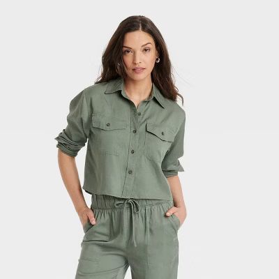 Women's Utility Long Sleeve Collared Button-Down Shirt - Universal Thread™ Olive Green L | Target