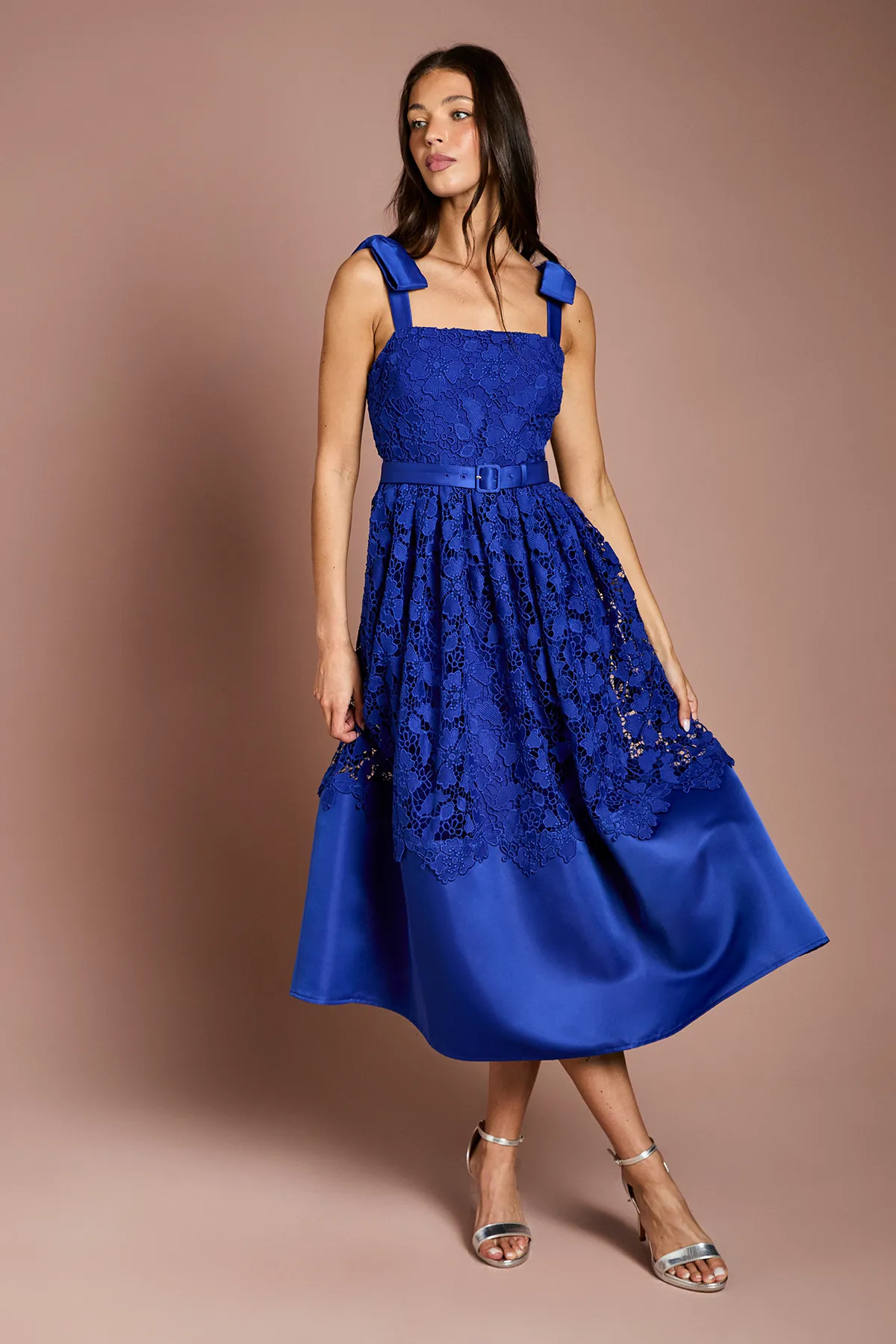 Cobalt Coast Bow Shoulder Square Neck Lace Midi Dress | Oasis | Oasis UK & IE