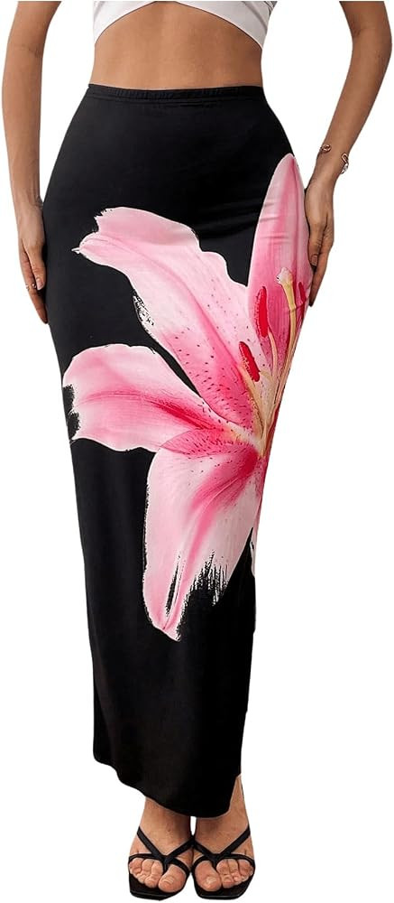 OYOANGLE Women's Floral Print Pencil Skirt Elastic High Waist Vacation Bodycon Maxi Skirts | Amazon (US)