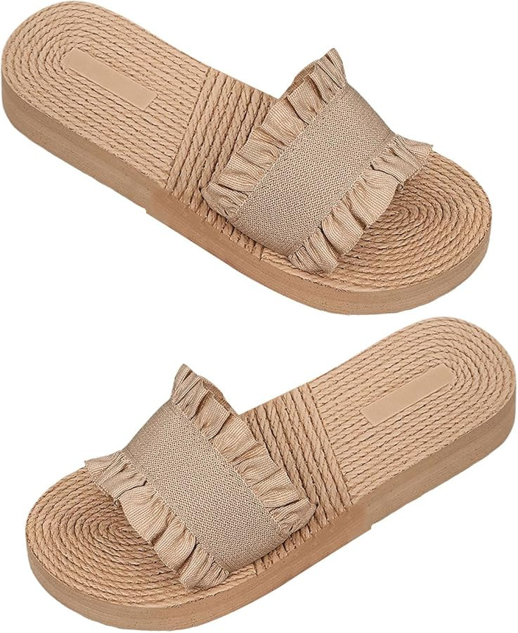 OYOANGLE Women's Ruffle Wide Strap Braided Sandals Open Toe Platform Outdoor Boho Beach Slides | Amazon (US)
