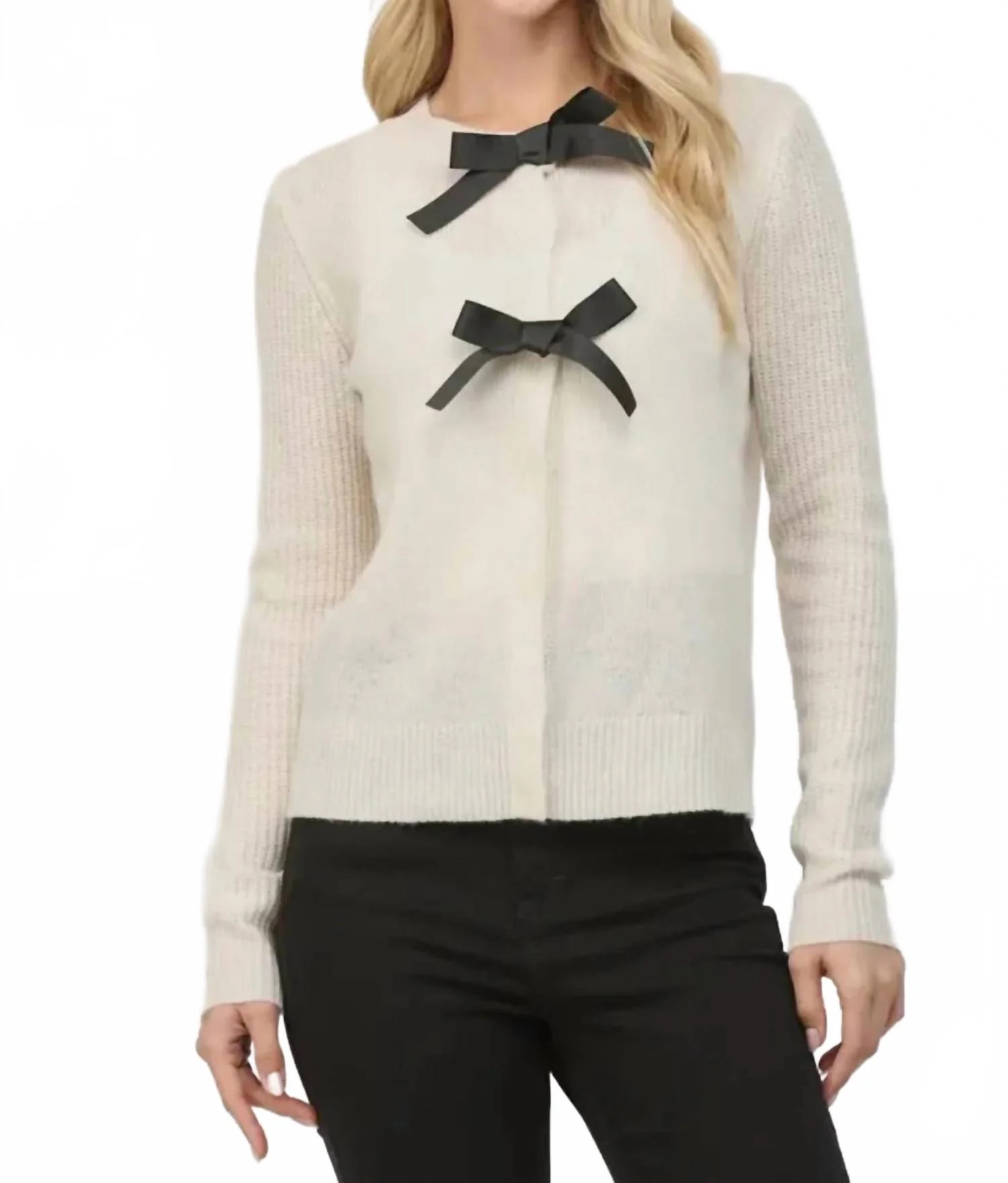 Bow Trimmed Cardigan In Cream | Shop Simon