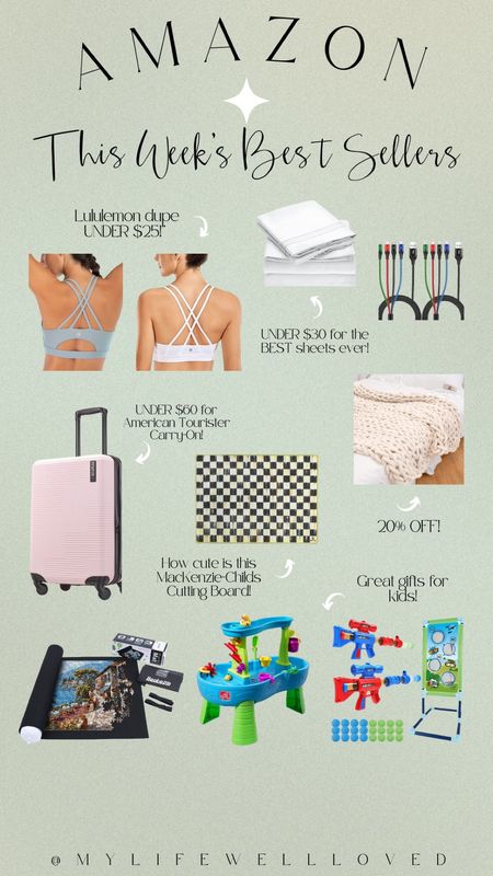 Lululemon dupe sports bra under $25! My favorite sheets are UNDER $30! American Tourister luggage under $60! 20% off this chunky blanket --such a great Christmas gift! Kids toys on sale! Gifts for her // gifts for him // gifts for kids // gift guide 

#LTKfamily #LTKsalealert #LTKHoliday