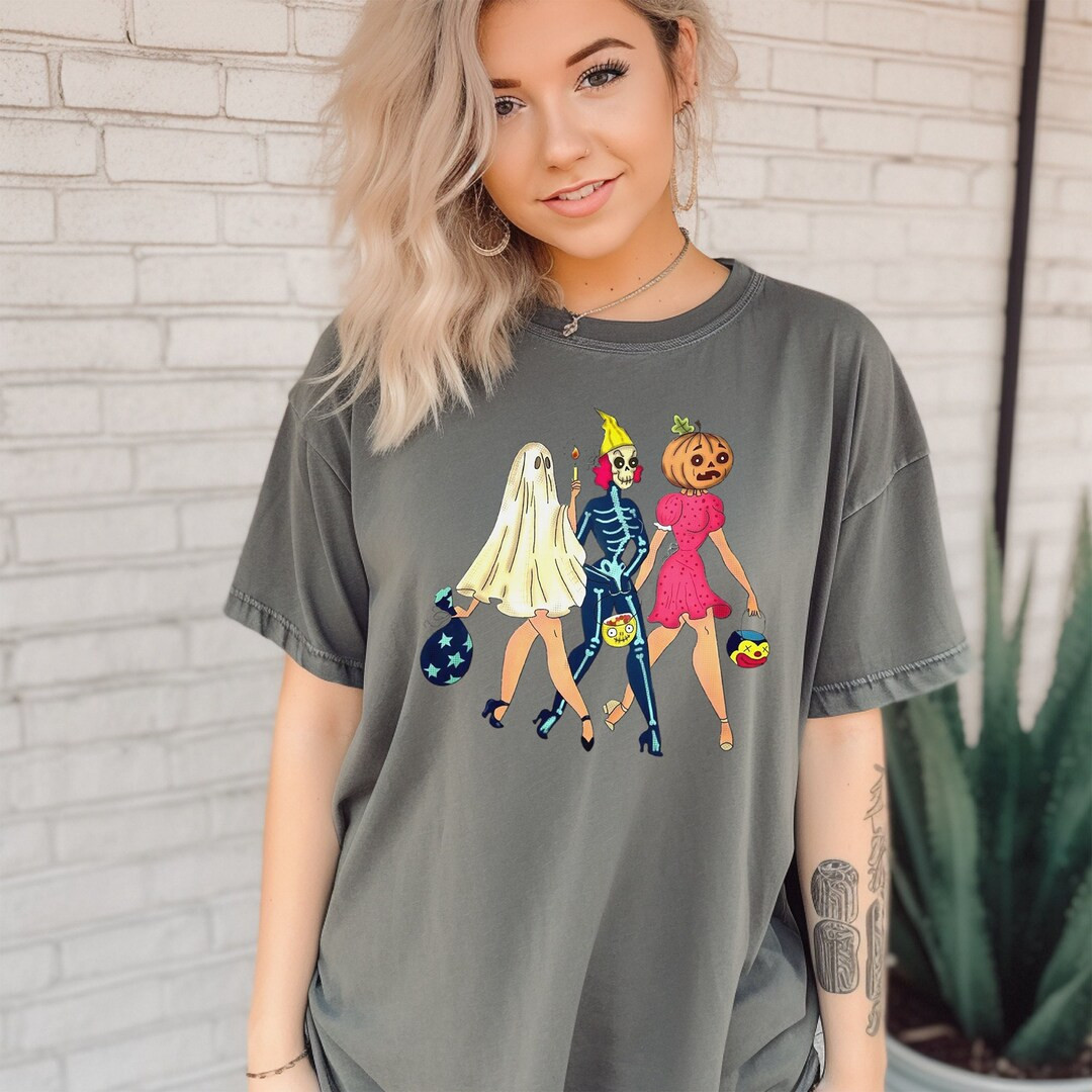 retro halloween graphic tee, vintage costume ladies, trick or treat women, ghost, skeleton, pumpk... | Etsy (US)