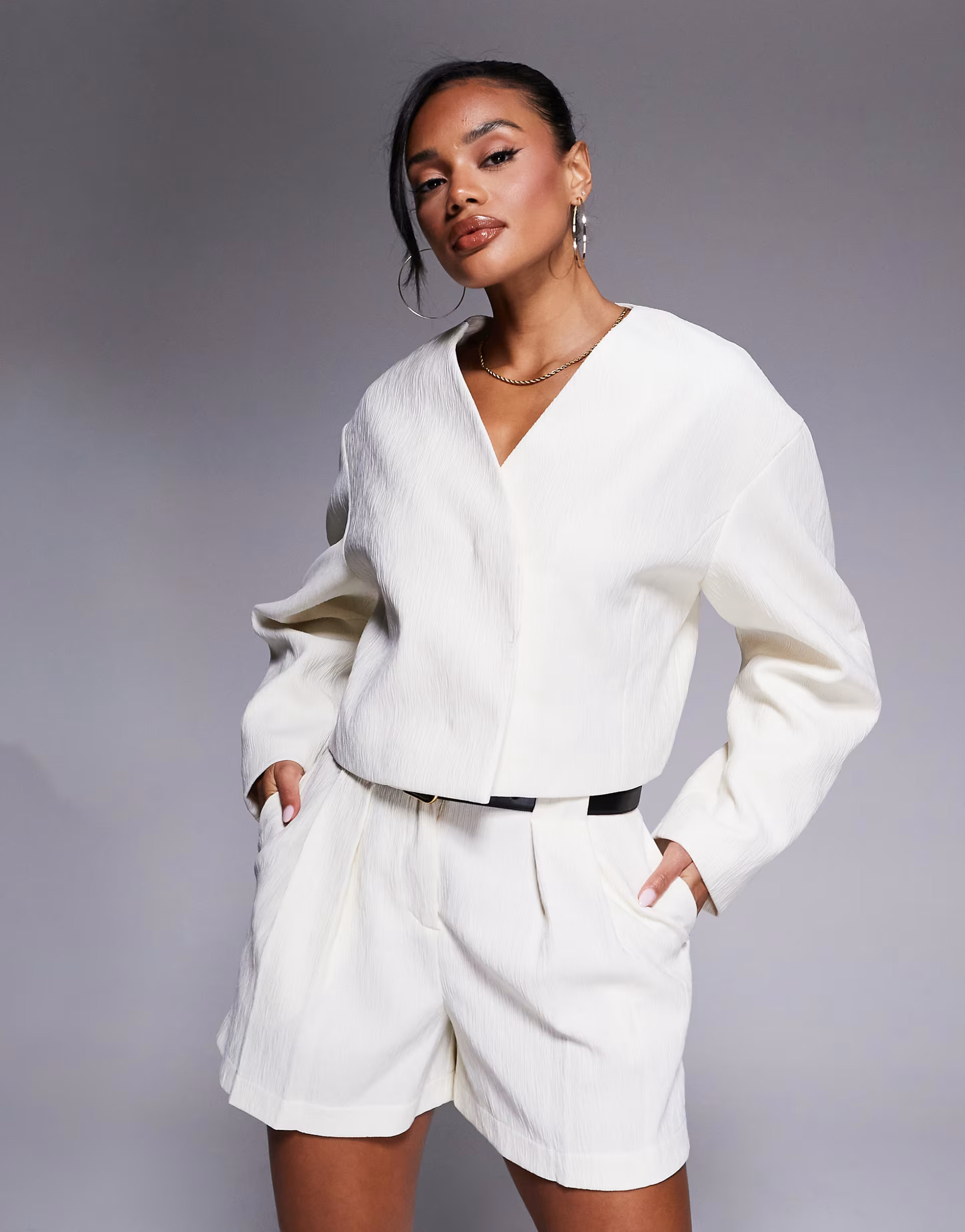 ASOS DESIGN cropped textured blazer co-ord in cream | ASOS | ASOS (Global)