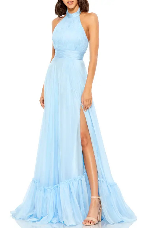 Mac Duggal Halter Neck Tiered Satin Gown in Sky Blue at Nordstrom, Size 4 | Nordstrom