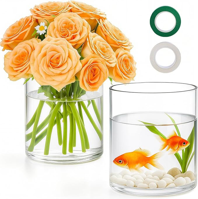 TBWIND 2Pcs Glass Cylinder Vases for Centerpieces, 6" x 4.7" Wide Mouth Flower Vase Hurricane Gla... | Amazon (US)