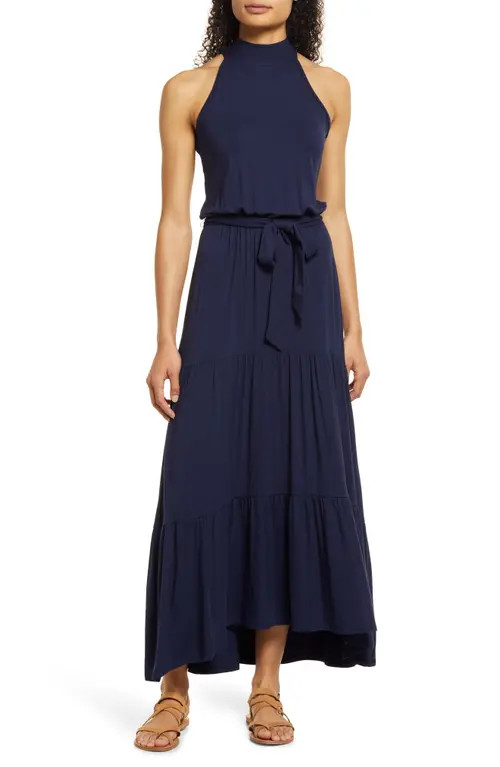 Loveappella Tiered Halter Maxi Dress in Navy at Nordstrom, Size X-Large | Nordstrom
