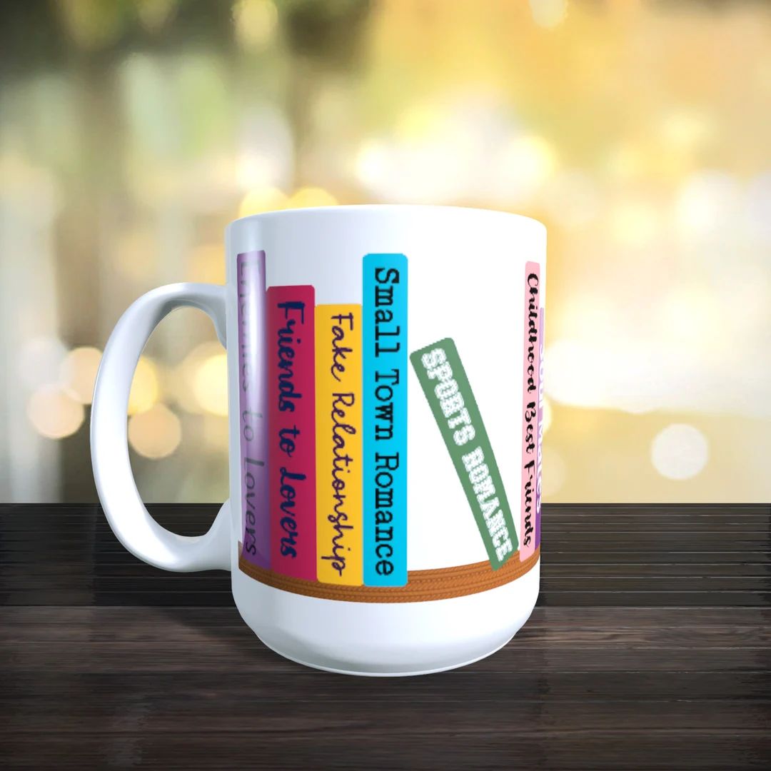 Romance Trope Shelfie Mug, Reader Coffee Mug, 15 ounce Sublimation Mug | Etsy (US)