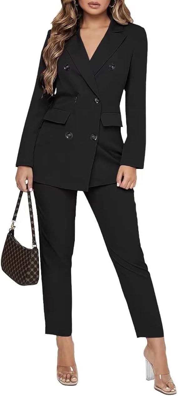 Women Double Breasted Blazer Set Formal 2 Piece Pants Outfits Long Sleeve Bussines Suit Set for W... | Amazon (US)
