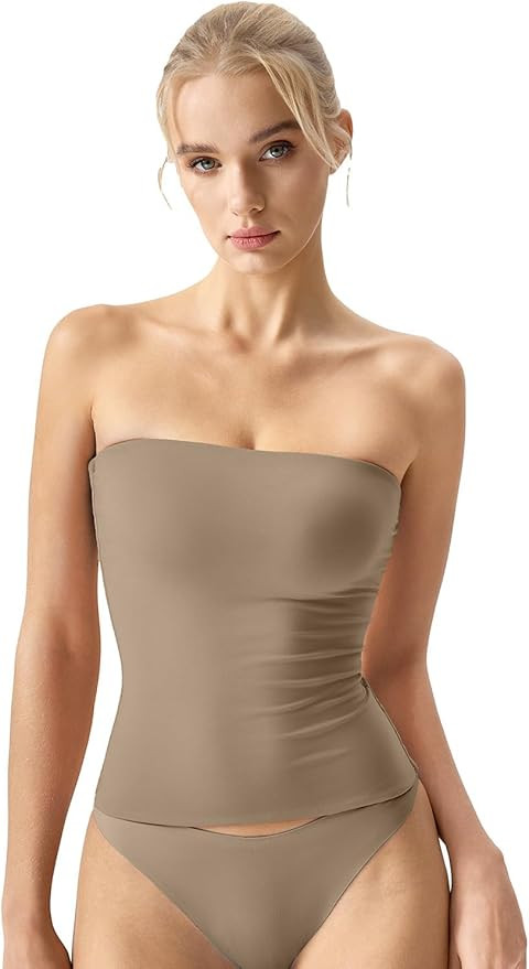 QINSEN Women's Tube Top Double Lined Strapless Bandeau Top Summer Slim Fit Going Out Tank Tops | Amazon (US)