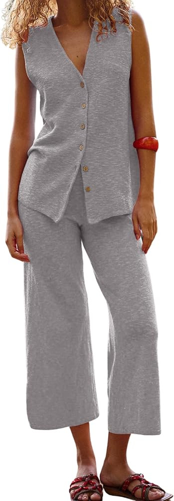 SeekMe Women's 2025 Sweater Set Sleeveless Button Down Vest Wide Leg Pants 2 Piece Outfits Summer... | Amazon (US)