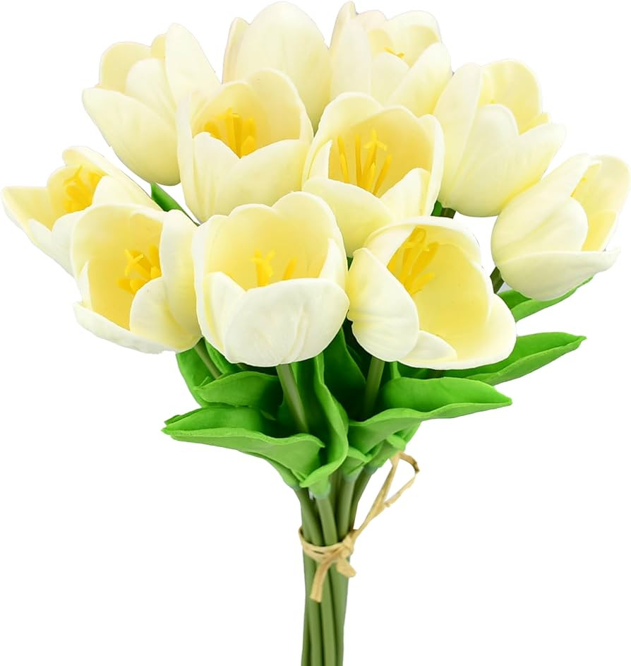 Mandy's Artificial Tulips 12 Stems Cream Partially Open PU Faux Flowers for Valentine's Day and E... | Amazon (US)