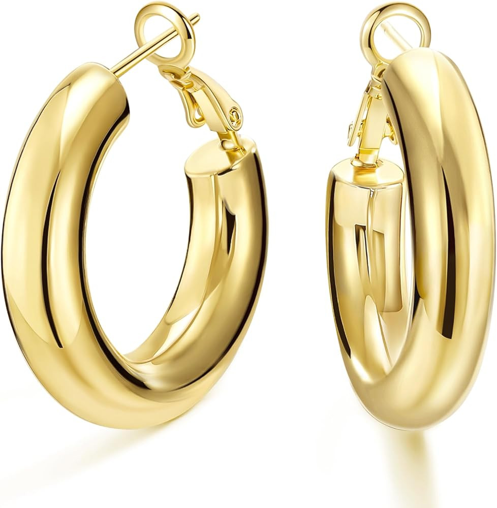 SHOWNII Chunky Gold Hoop Earrings, 14K Gold Plated Chunky Tube Hoop Earrings for Women Lightweigh... | Amazon (US)