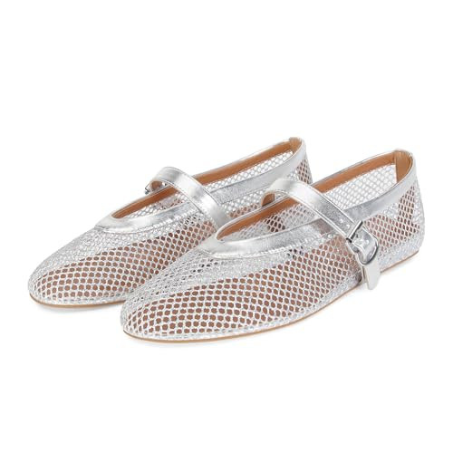 DOEYG Mesh Ballet Flats for Women Buckle Strap Comfy Casual Office Fishnet Ballerina Flat Shoes | Amazon (US)