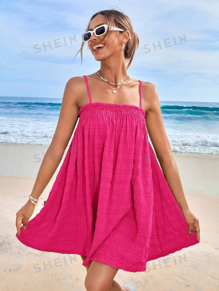 SHEIN WYWH Women's Solid Colored Textured Frill Trim Spaghetti Strap Dress | SHEIN USA | SHEIN