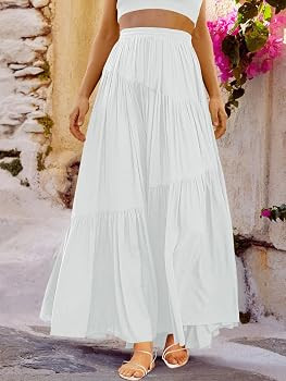 ANRABESS Women’s Boho Elastic High Waist Pleated A-Line Flowy Swing Asymmetric Tiered Maxi Long... | Amazon (US)