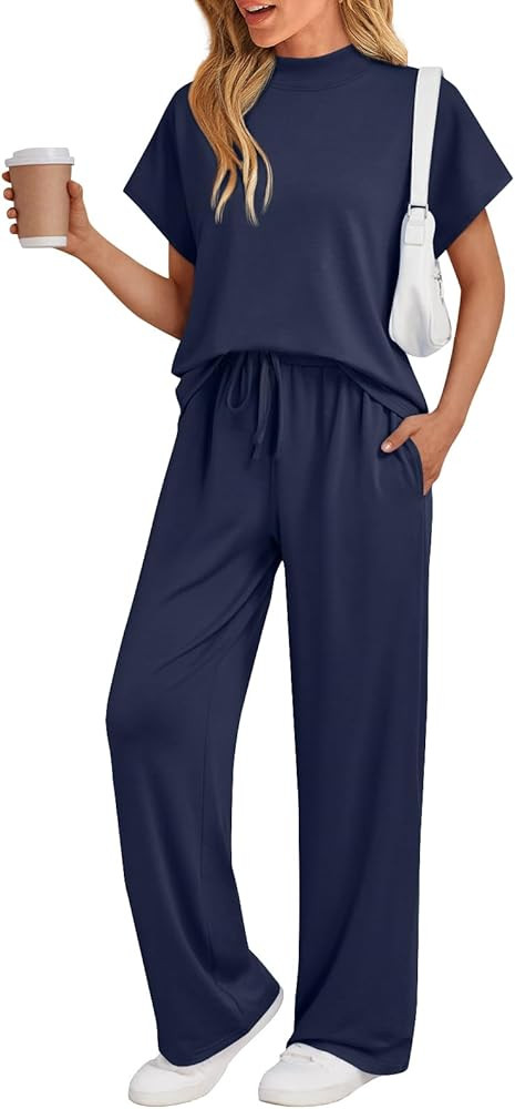 AUTOMET Women's Mock Neck 2 Piece Lounge Set Matching Summer Loose Fit Wide Leg Pants Set | Amazon (US)