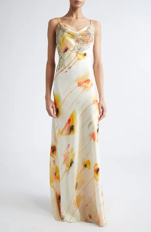 Jason Wu Collection Watercolor Floral Bias Cut Satin Slipdress in Limoncello Multi at Nordstrom, Size 8 | Nordstrom