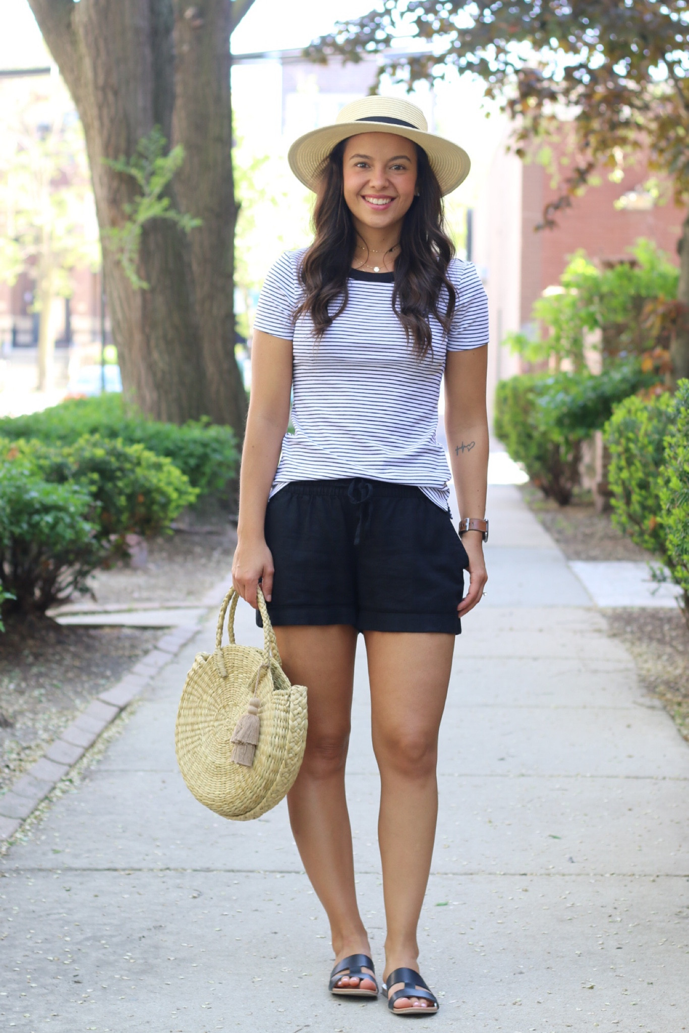 Striped t-shirt + linen shorts + leather slides = summer win! All of these pieces are part of my summer capsule wardrobe!

#LTKstyletip #LTKcurves #LTKtravel