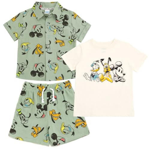 Disney Mickey Mouse Toddler Boys Cotton Gauze Button Down Shirt, T-Shirt and Shorts 3 Piece Set Green/White 5T | Amazon (US)