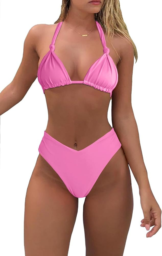 Bikini Sets for Women Sexy Halter Triangle String Bikini Cheeky V Cut High Waisted Thong Swimsuit... | Amazon (US)