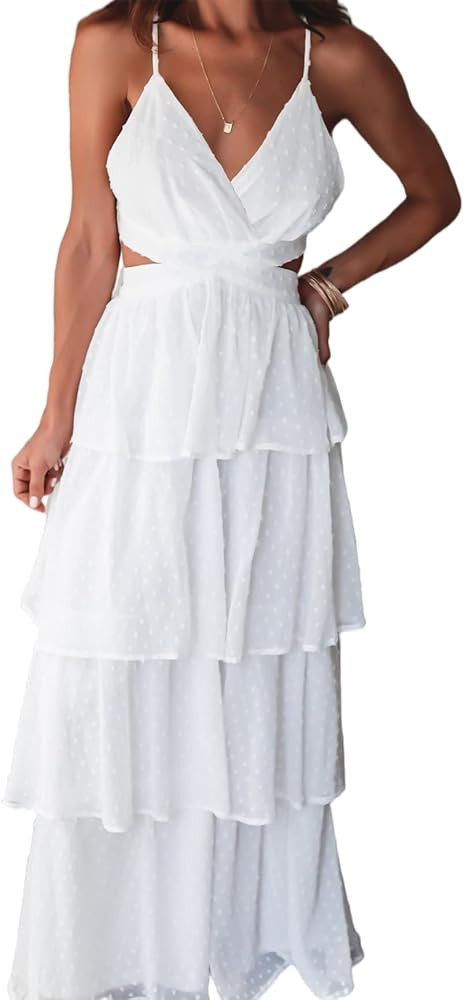 Glamaker Women Sexy V Neck Cut Out Maxi Dress Sleeveless Summer Boho Ruffle Beach Long Dress | Amazon (US)