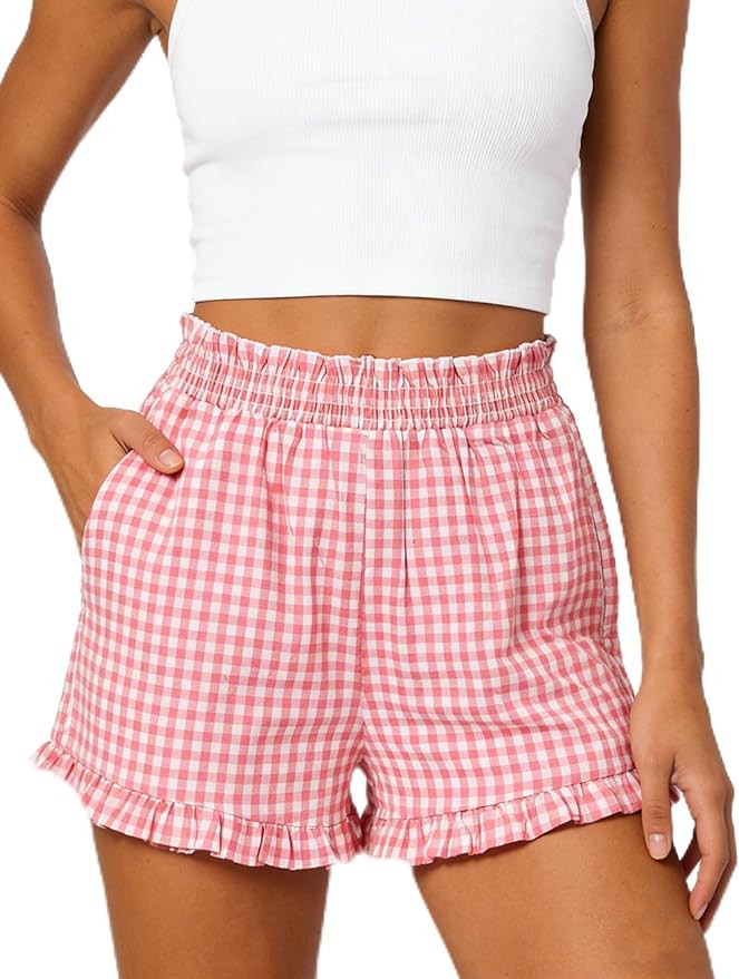 Womens Ruffle Boxer Shorts Gingham Pajama Shorts with Pockets Lounge Sleep Shorts Summer Causal O... | Amazon (US)