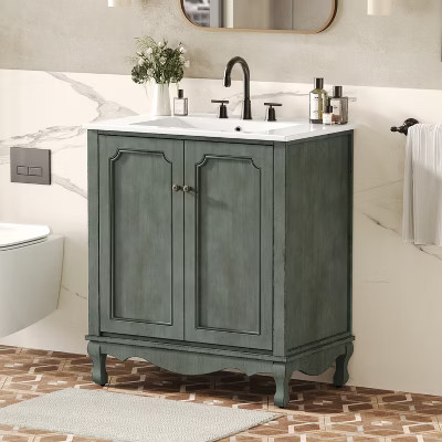 30" Vintage Bathroom Vanity with Ceramic Sink, Bathroom Storage Cabinet with Solid Wood Legs & Adjustable Shelves- Christopher Knight Home | Target