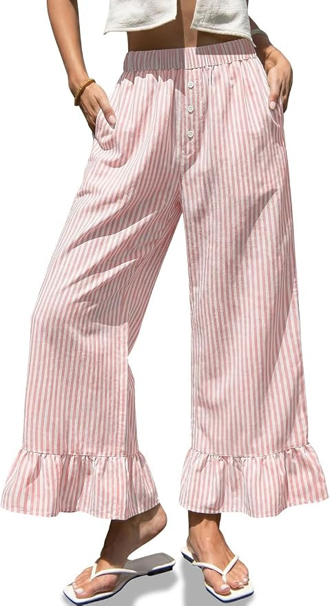 TARSE Women’s Plaid Wide Leg Pants Flared Leg Baggy Drawstring Ruffle Palazzo Pants with Pocket... | Amazon (US)