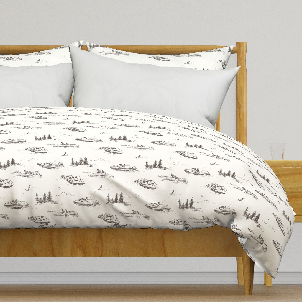 Lake House Wallpaper of Water Skiers on Boat in Brown & Ivory Duvet Cover | Spoonflower | Spoonflower