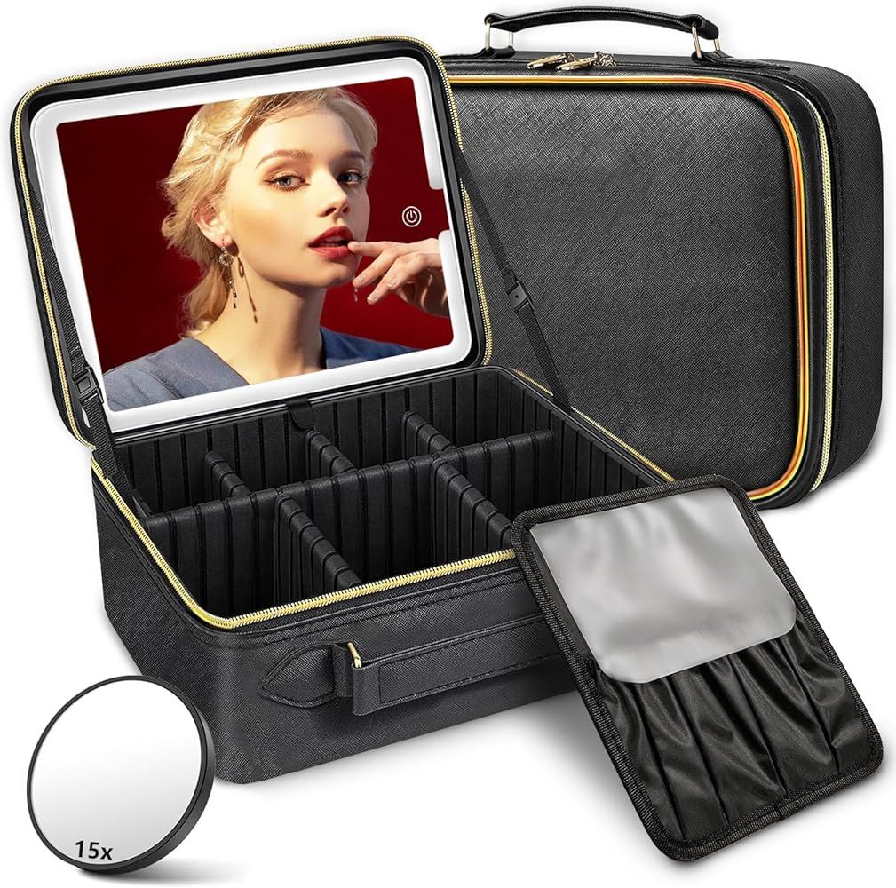 aikesen Travel Makeup Bag with LED Mirror, Cosmetic Bag Makeup Organizer Bag Makeup Case with Lig... | Amazon (US)