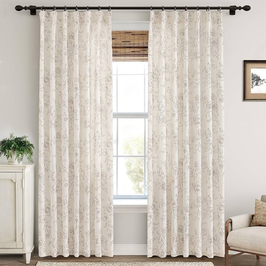 Pinch Pleat Floral Linen Curtains 90 inch Long Coffee and Cream Memory Trained Curtain Light Filt... | Amazon (US)