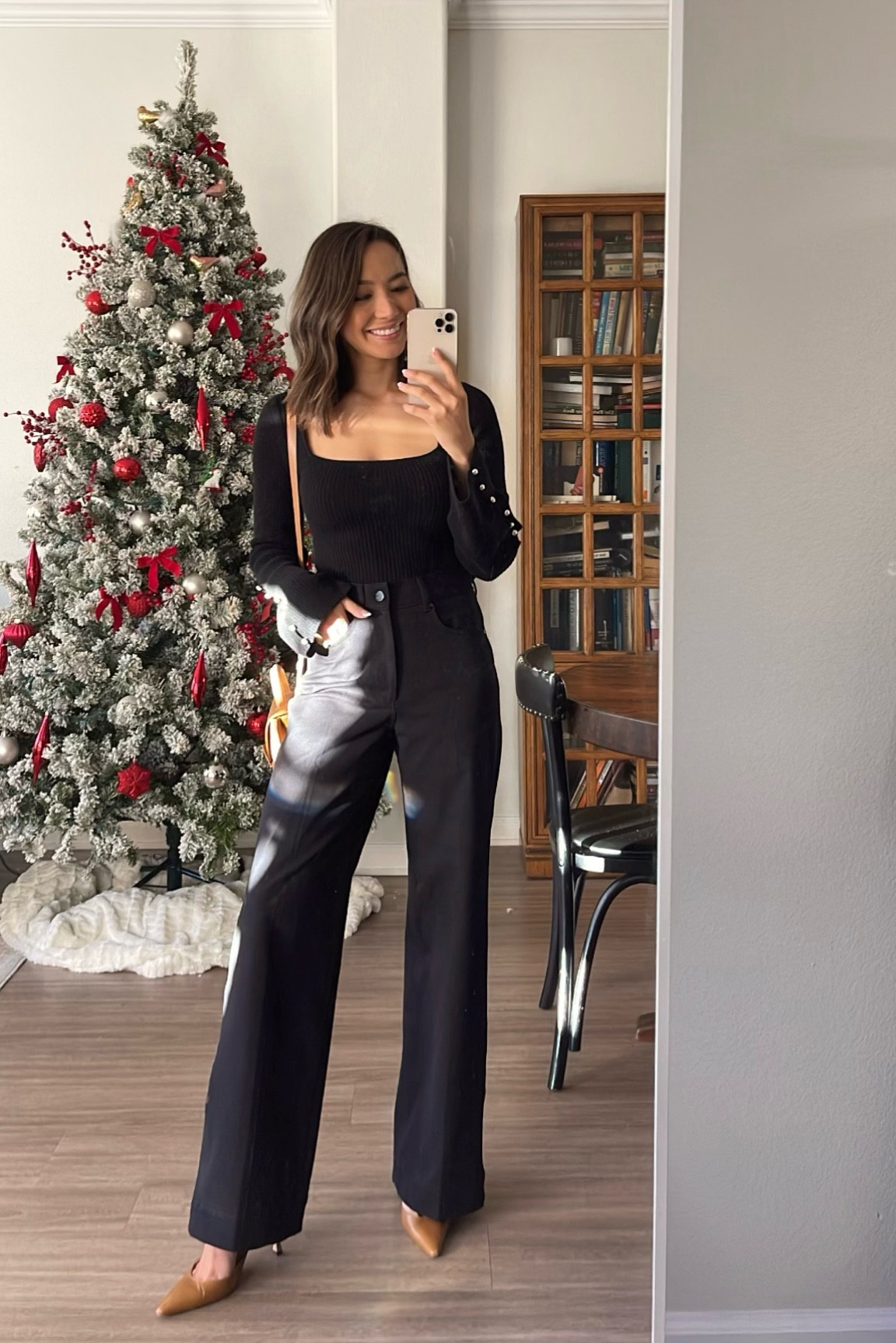 Holiday outfit 
Reformation sweater 25% off! 
MMLaFleur wide leg pants 0P
Manolo blahniks via the real real 

#LTKHoliday #LTKCyberweek #LTKsalealert