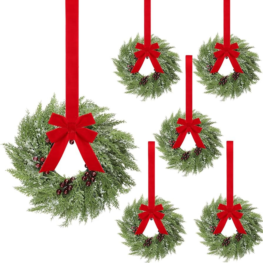 Barydat 6 Pcs 15 Mini Christmas Wreath Decorations Christmas Kitchen Cabinet Wreaths with Red Rib... | Amazon (US)