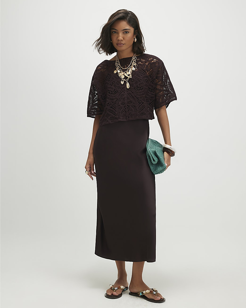 Brown Hybrid Satin Slip Dress | River Island UK & IE