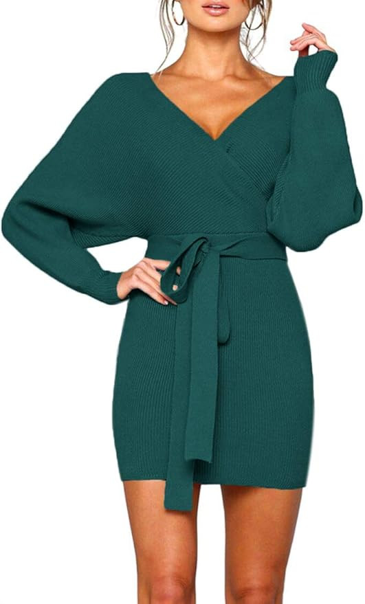 Zonsaoja Women's Sweater Dress Sexy V Neck Long Sleeve Backless Wrap Knitted Mini Dresses | Amazon (US)