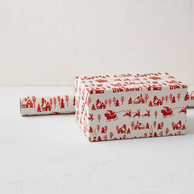 Minted Foil Toile Village Luxury Gift Wrapping Paper Red/Cream | Target