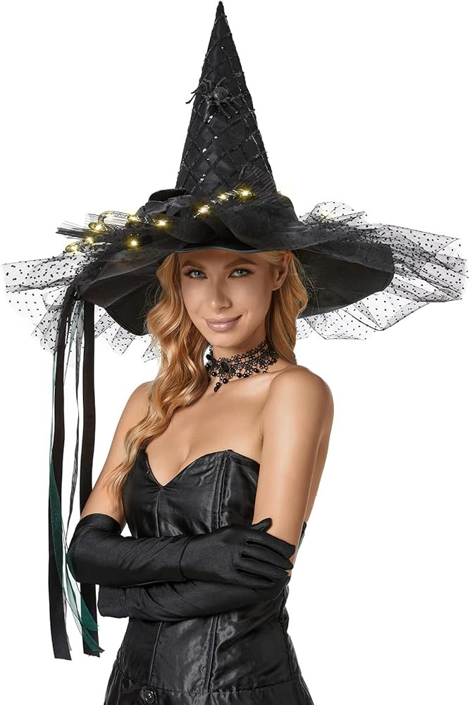 Black Halloween Costume LED Light Witch Hats for Women Steeple Top with Lamp for Party Black | Amazon (US)