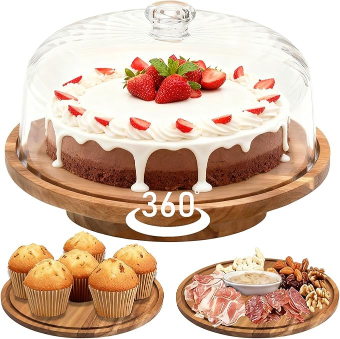 cutesun Cake Stand with Lid, Rotating Cake Stand with Lid & Dome, 11.8'' Acacia Wood Shatterproof... | Amazon (US)
