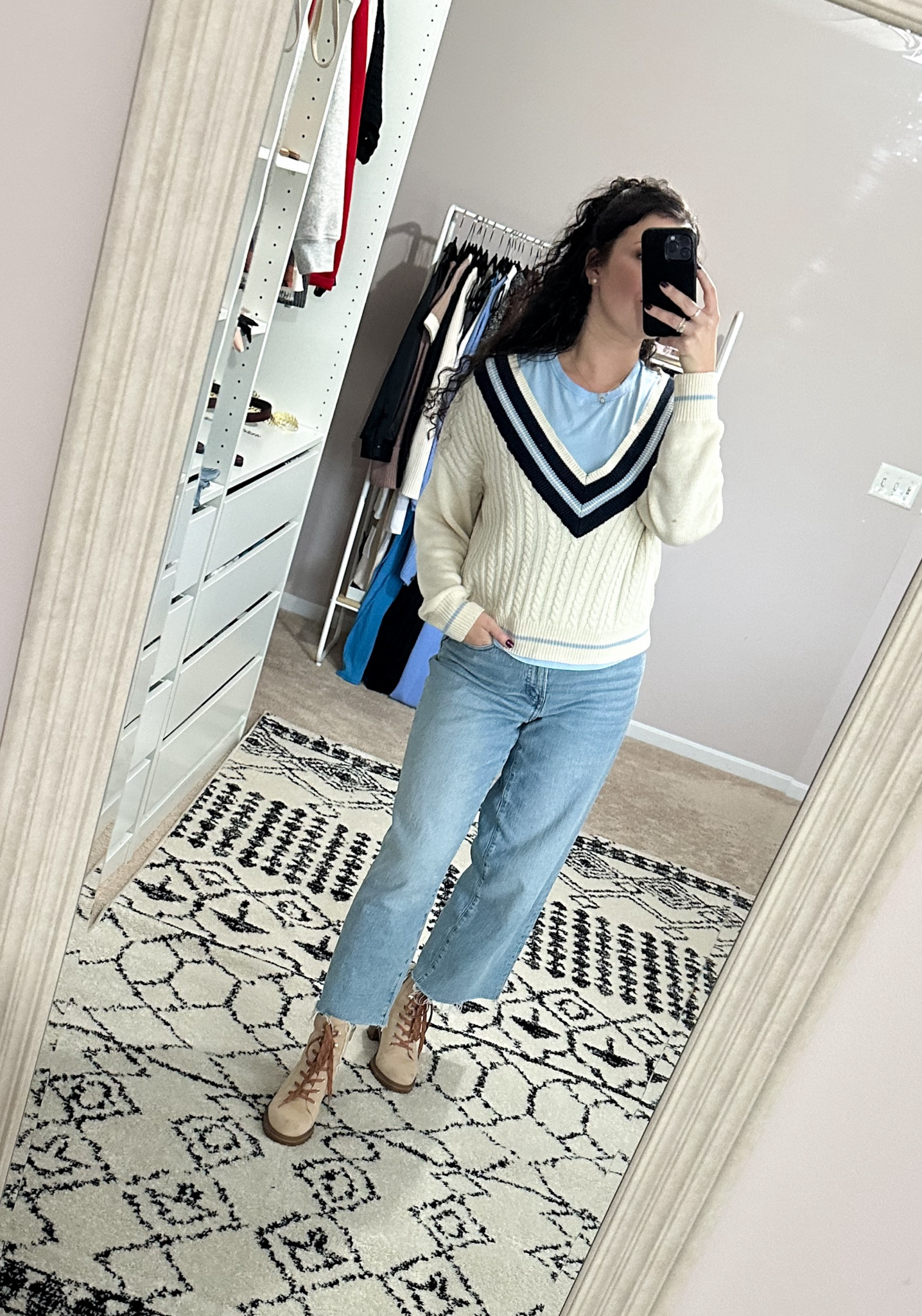 Low V sweater, solid tee, wide leg jeans 

#LTKFindsUnder100 #LTKSaleAlert #LTKFindsUnder50