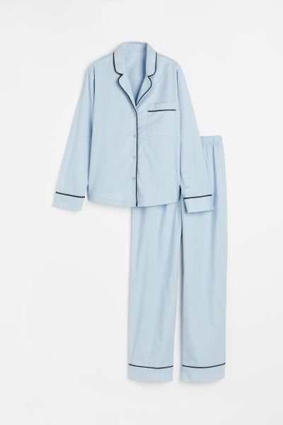 Cotton Pajama Shirt and Pants - Long sleeve - Long - Light blue - Ladies | H&M US | H&M (US + CA)