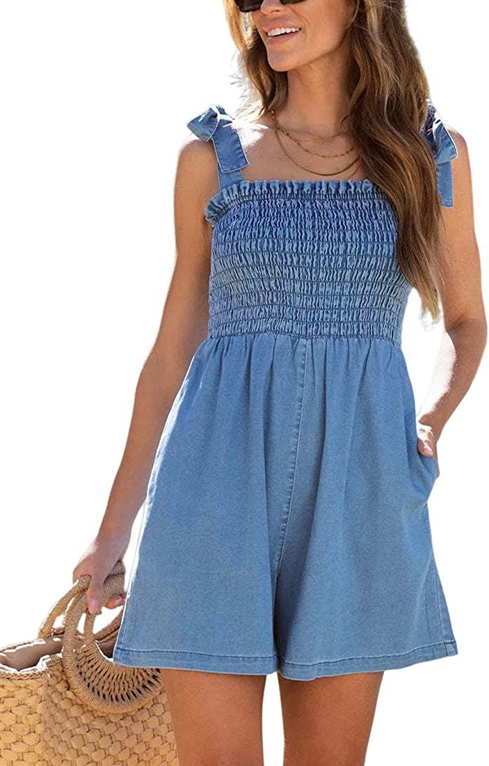 Rxozrxoz Womens Summer Denim Rompers Flowy Sleeveless Smocked High Waist Spaghetti Straps Short Jean | Amazon (US)