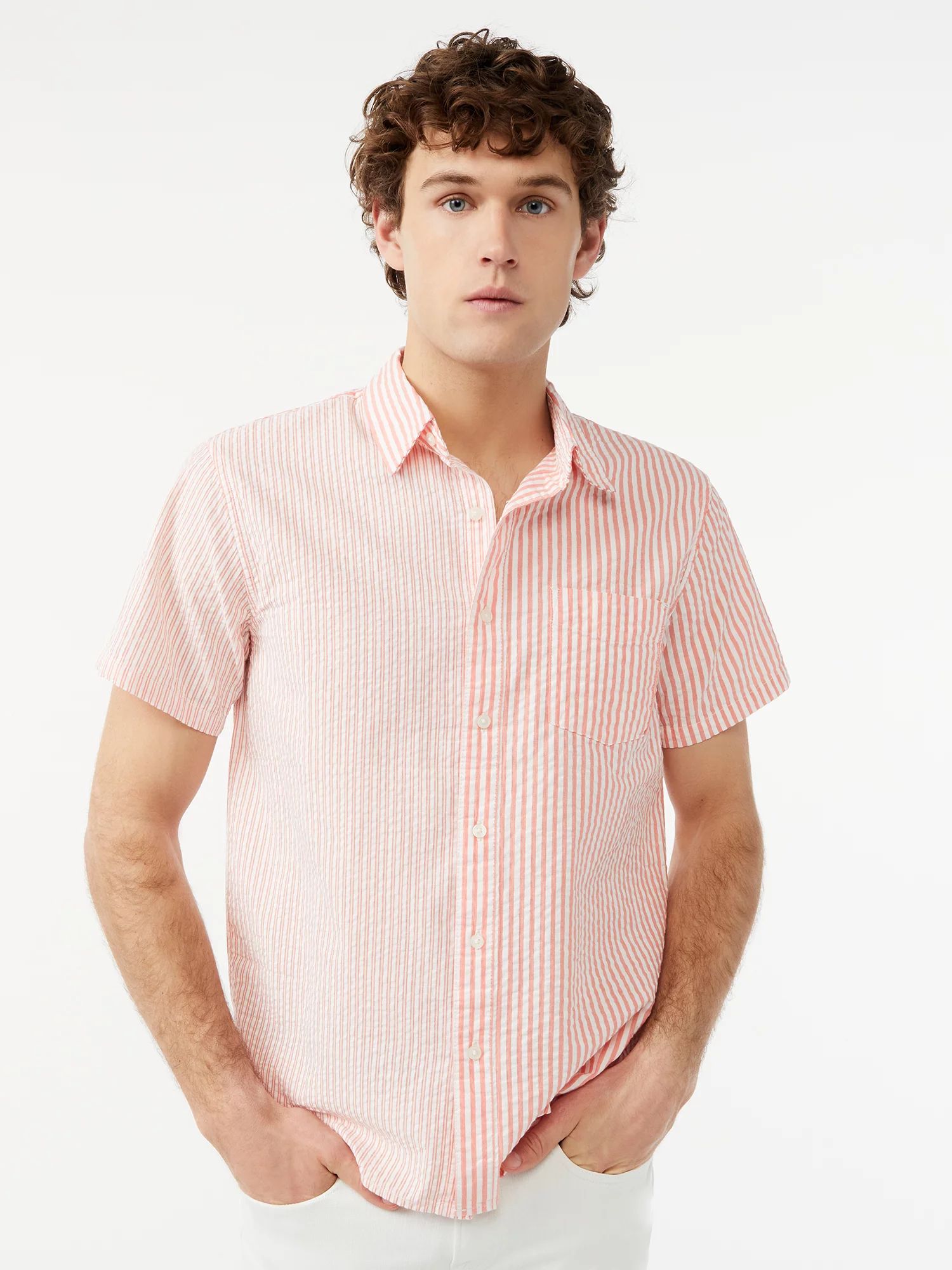 Free Assembly Men's Seersucker Stripe Shirt with Short Sleeves - Walmart.com | Walmart (US)