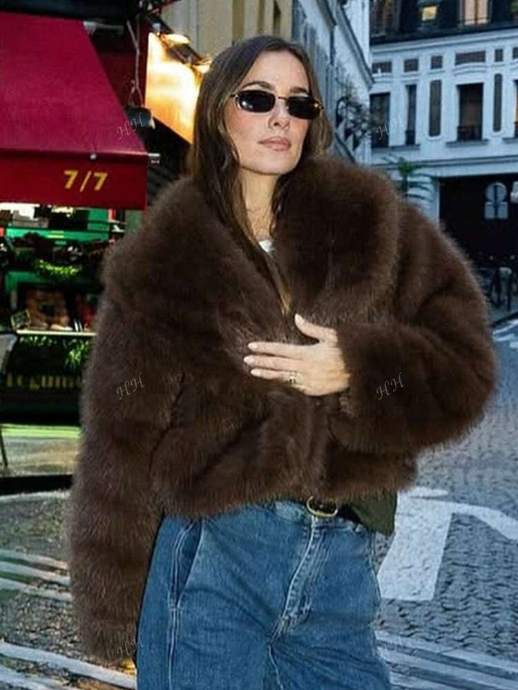 Casual Long Sleeve Lapel Neck Winter Thick Warm Outerwear Fashion Streetwear Women Vintage Solid Faux Fur Coat | SHEIN