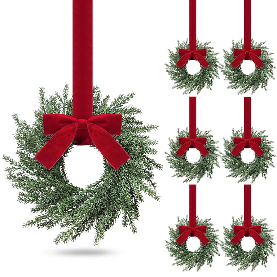 6 Pcs Small Christmas Norfolk Wreaths Evergreen 12.6 Inch Christmas Kitchen Cabinet Mini Wreaths ... | Amazon (US)
