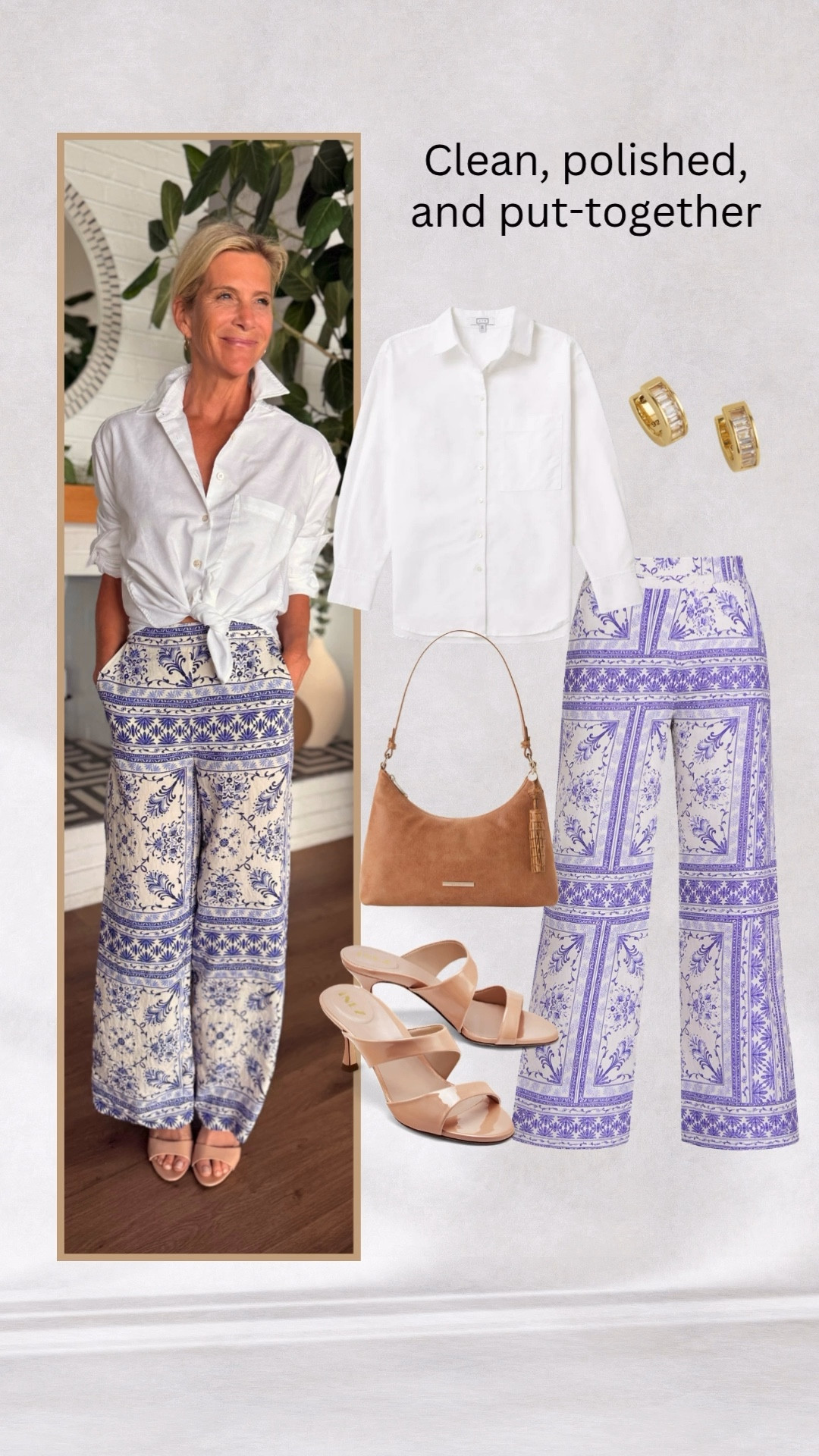 Blue printed pants outfit with white shirt summer look.

#LTKTravel #LTKOver40 #LTKootd