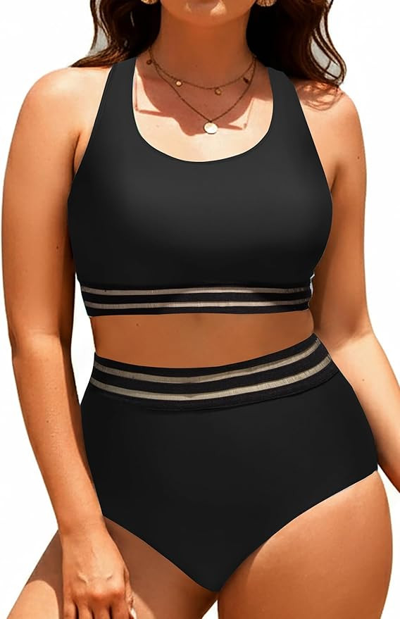 Aqua Eve Plus Size Two Piece High Waisted Bikini Swimsuits Scoop Neck Bikini Set Sporty Bathing S... | Amazon (US)