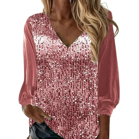 RPVATI Plus Size Sequin Tops for Women 2024 Long Sleeve Sparkly Glitter Blouses Evening Party Holiday V Neck Shiny Dressy Shirts Casual Loose Fit Tunic Tops Pink 3XL | Walmart (US)